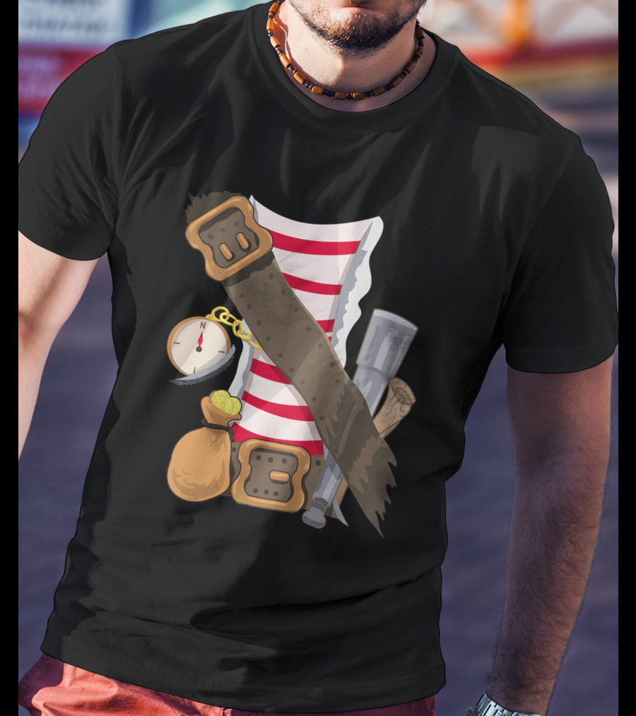 Kids Pirate Buccaneer Striped Shirt With Compass And Treasure Elements T-Shirt