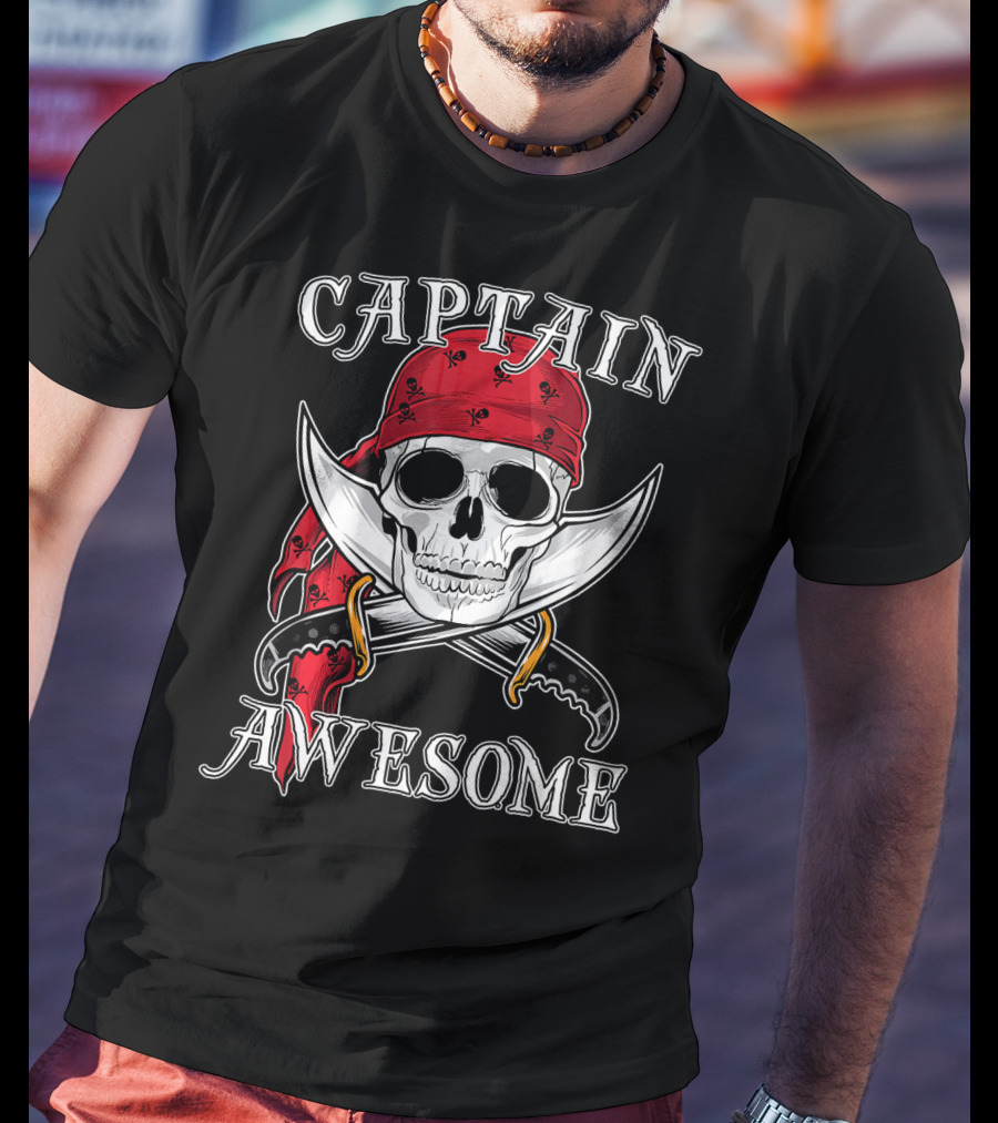 Captain Awesome Skull Pirate With Red Bandana And Swords Halloween T-Shirt