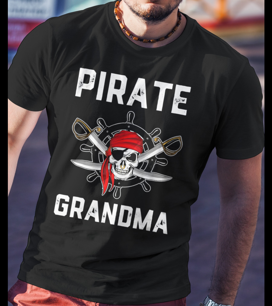 Pirate Grandma Skull With Red Bandana And Crossed Swords T-Shirt