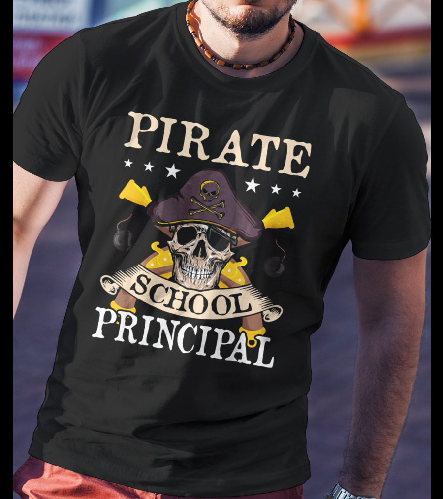 Pirate Skull Crossbones Hat School Principal Banner Swords Bombs T-Shirt