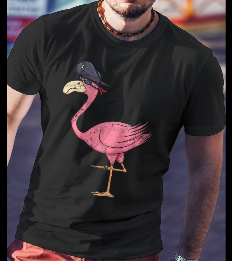 Vintage Pink Flamingo Pirate With Eyepatch And Skull Hat T-Shirt