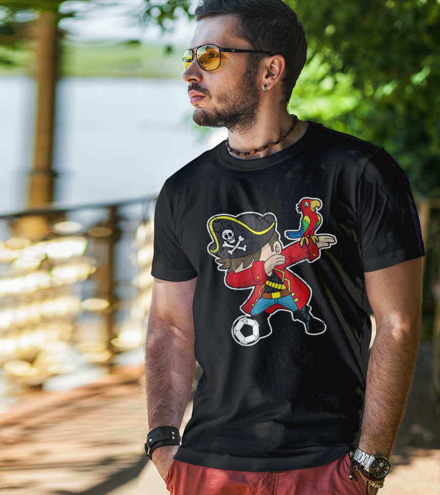 Dabbing Soccer Pirate With Parrot And Skull Hat T-Shirt