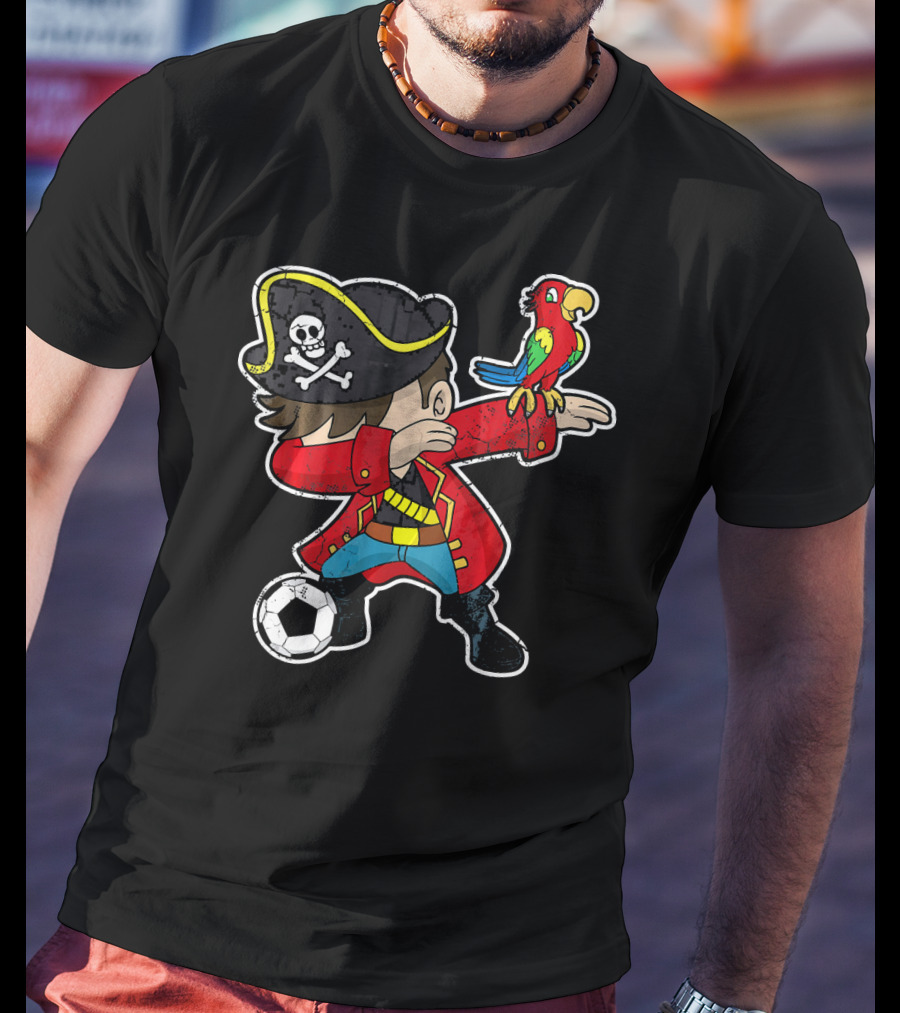 Dabbing Soccer Pirate With Parrot And Skull Hat T-Shirt