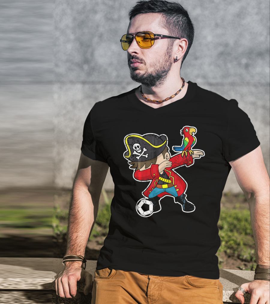 Dabbing Soccer Pirate With Parrot And Skull Hat T-Shirt