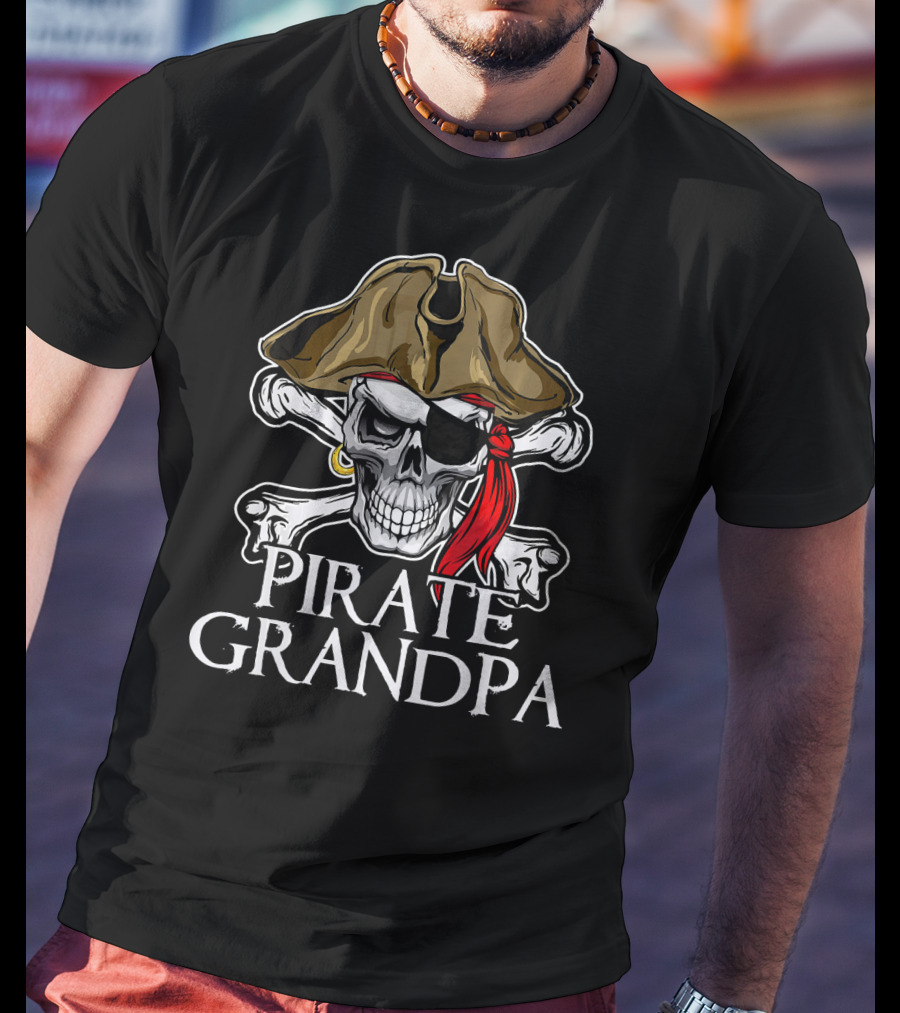 Pirate Grandpa Skull Crossbones Hat Eye Patch Red Bandana T-Shirt