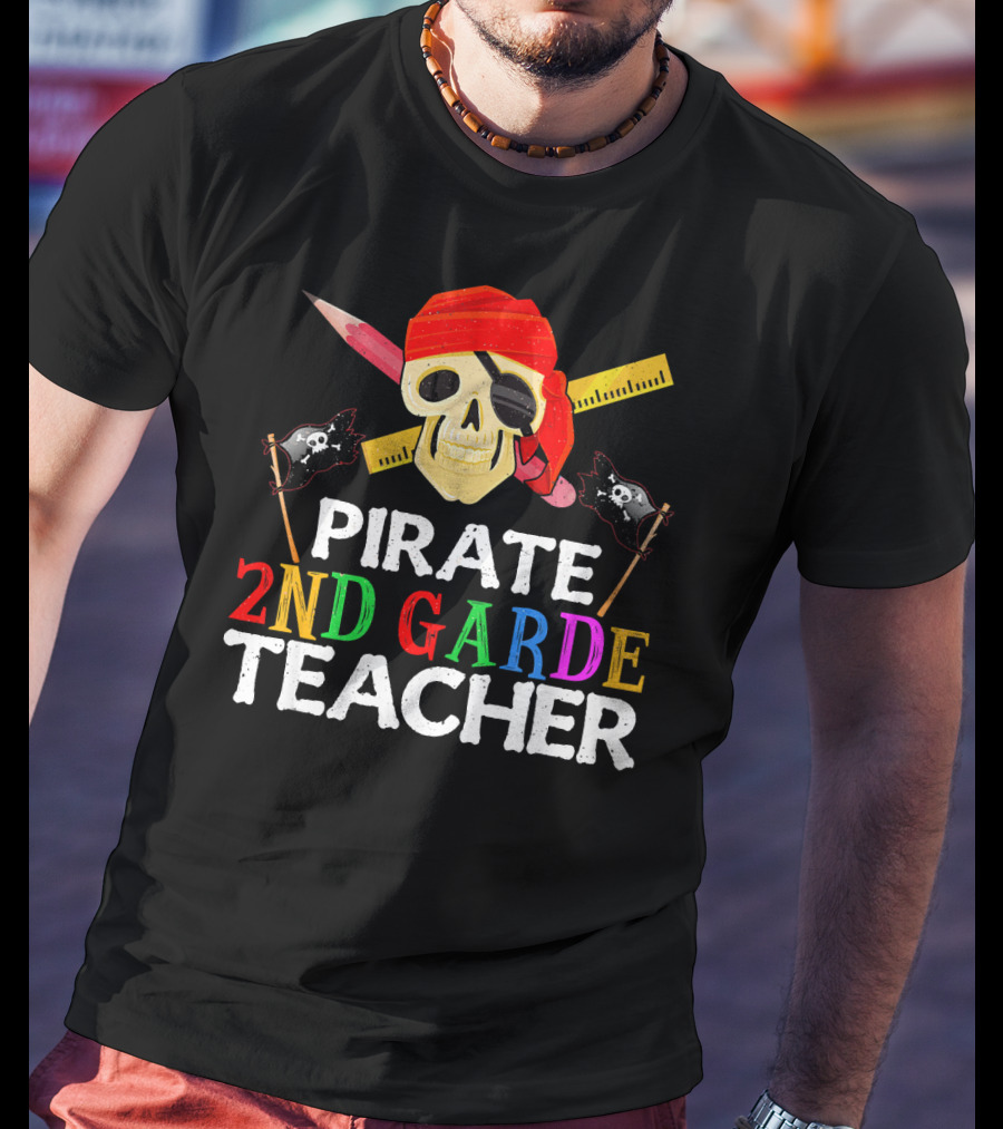 Pirate 2nd Grade Teacher Skull Ruler Swords Red Bandana T-Shirt