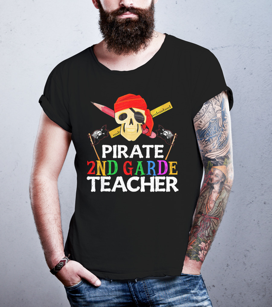Pirate 2nd Grade Teacher Skull Ruler Swords Red Bandana T-Shirt