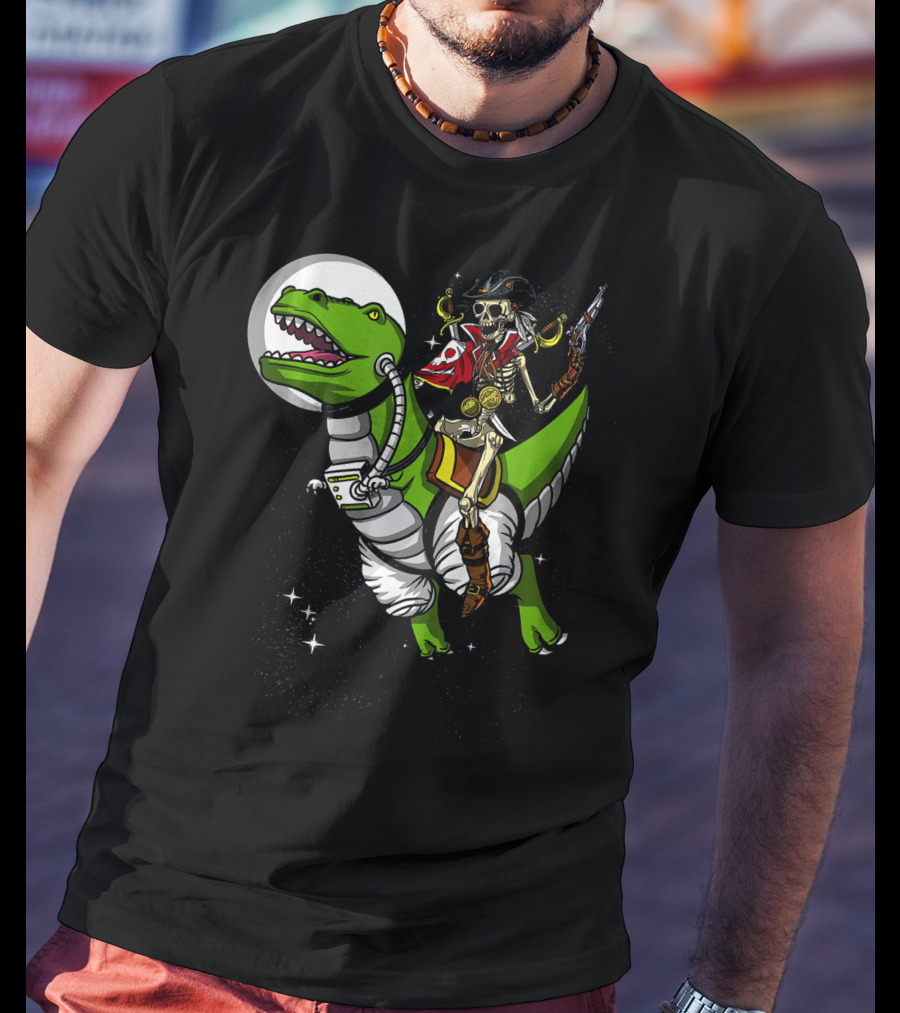 Skeleton Pirate Riding T-Rex Dinosaur With Spacesuit And Blaster T-Shirt