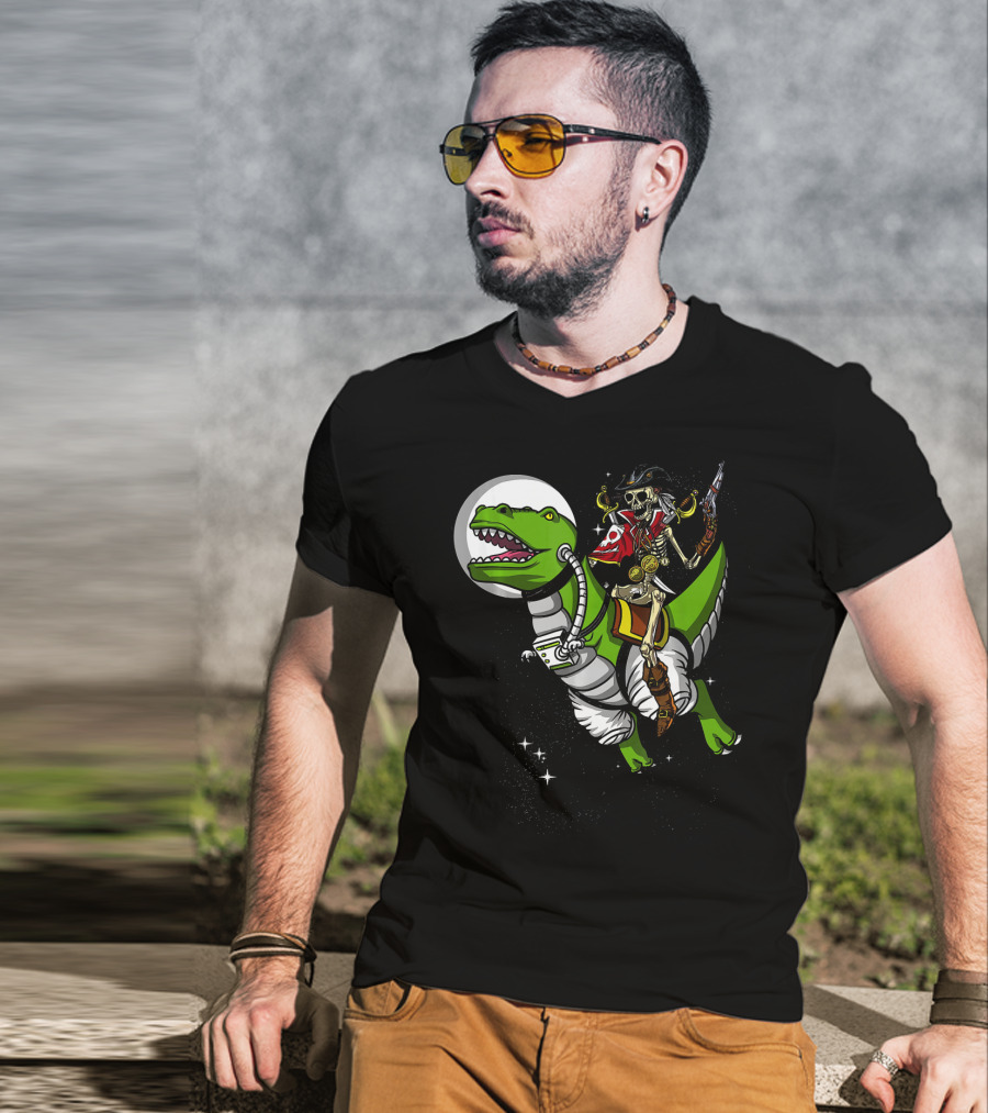 Skeleton Pirate Riding T-Rex Dinosaur With Spacesuit And Blaster T-Shirt