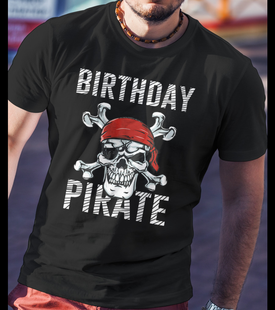 BIRTHDAY PIRATE Skull With Red Bandana And Crossbones T-Shirt