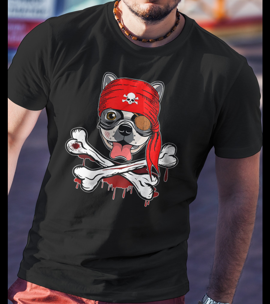 Funny Pirate French Bulldog With Skull Bandana And Crossbones T-Shirt
