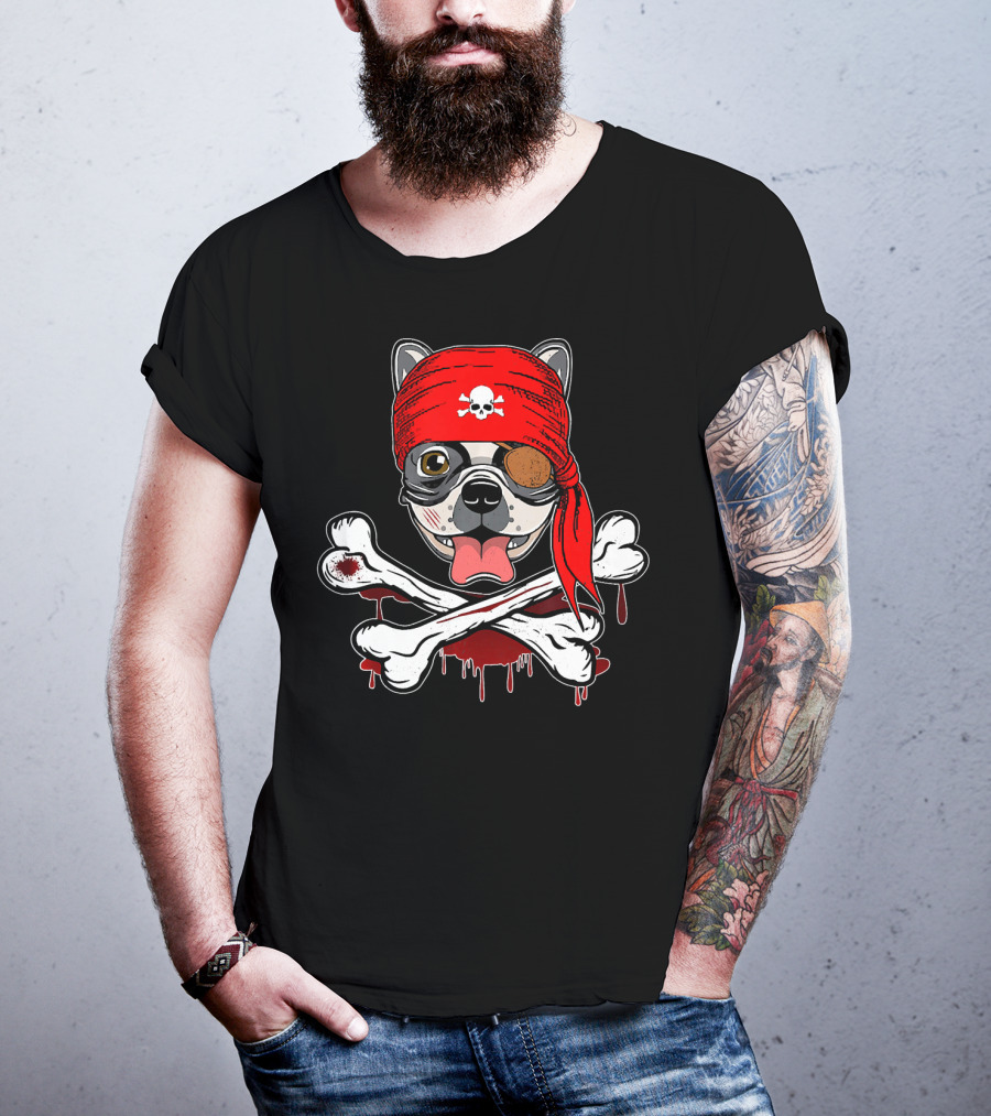 Funny Pirate French Bulldog With Skull Bandana And Crossbones T-Shirt