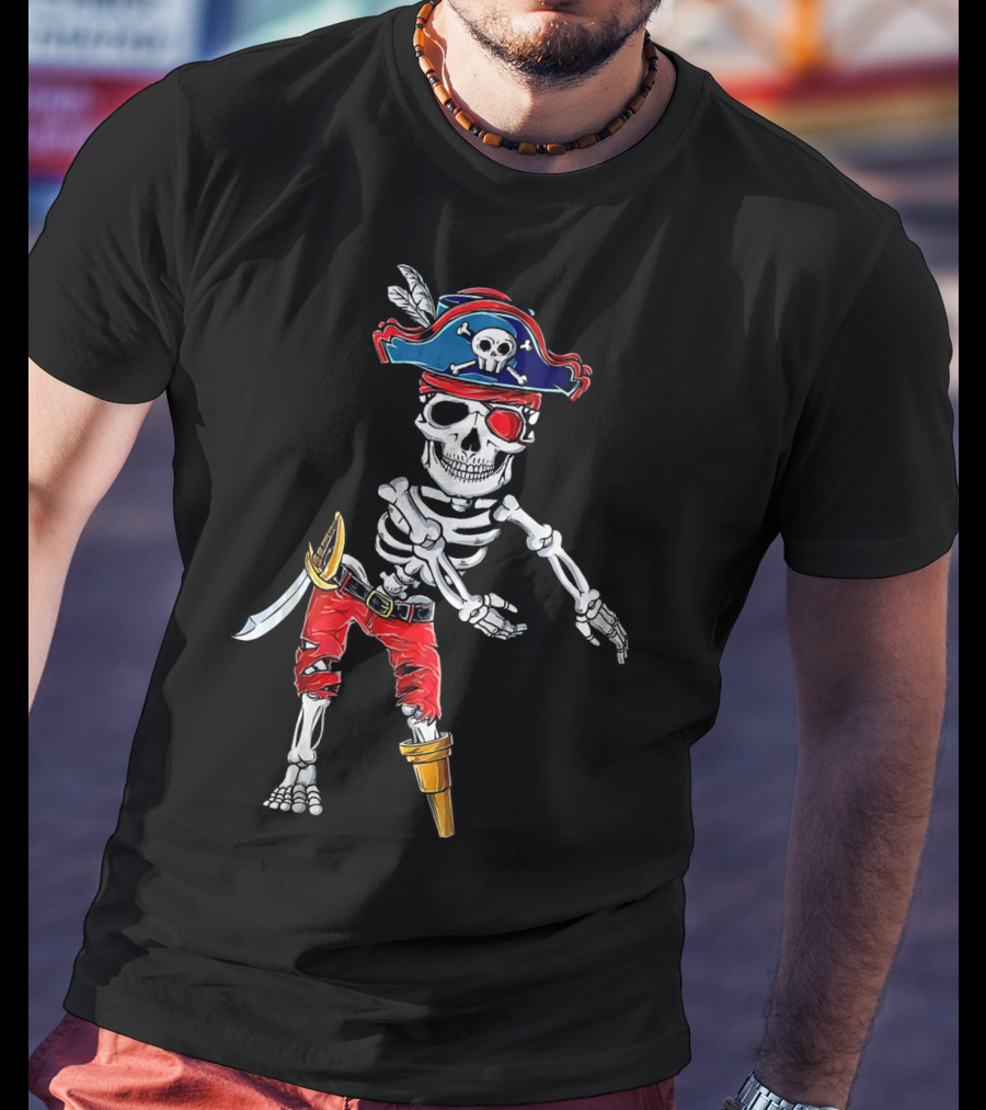 Pirate Skeleton Flossing Dance Red Pants Skull Hat Eyepatch Sword T-Shirt