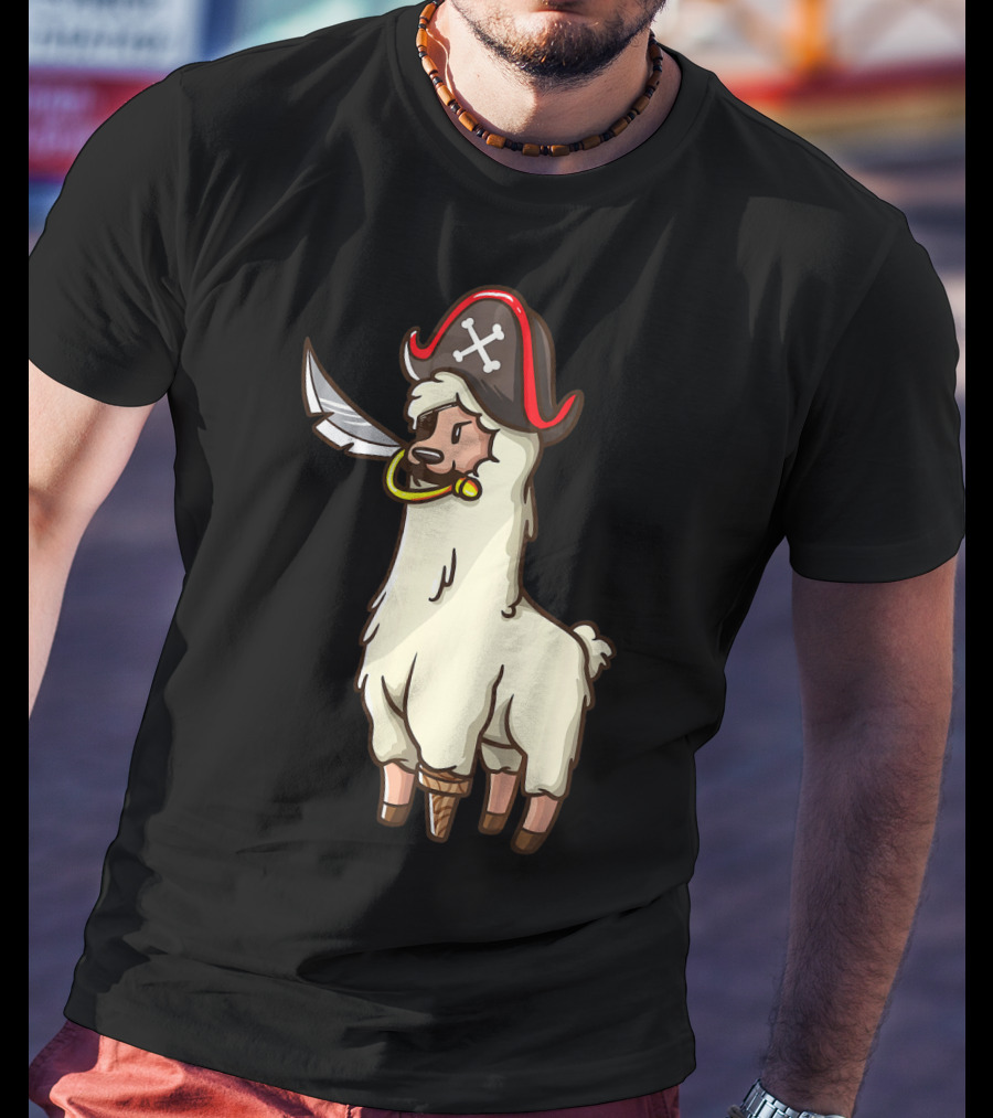 Pirate Llama With Hat And Sword Halloween Party T-Shirt