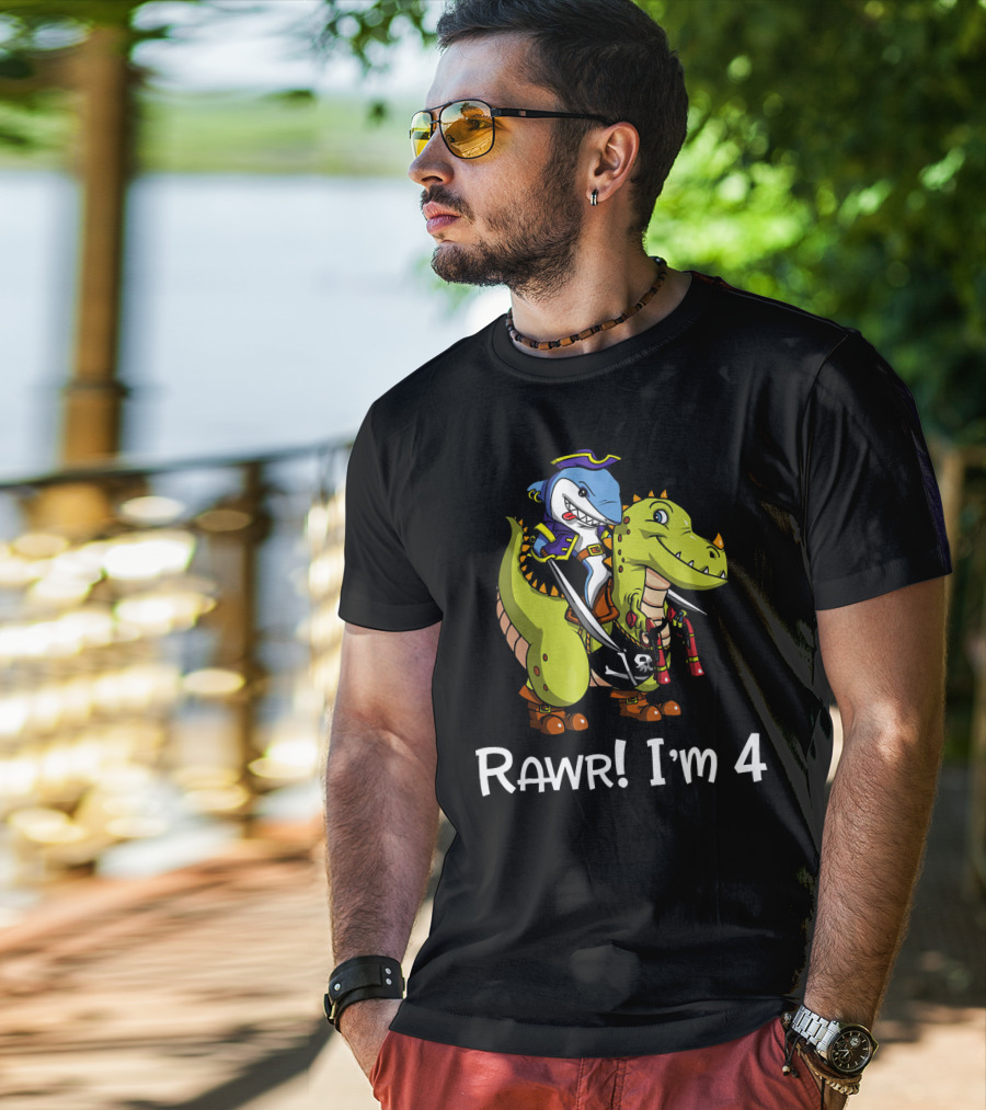 Rawr Dinosaur Shark Pirate Birthday Party I'm 4 T-Shirt