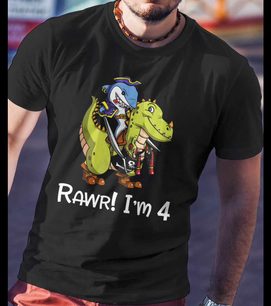Rawr Dinosaur Shark Pirate Birthday Party I'm 4 T-Shirt