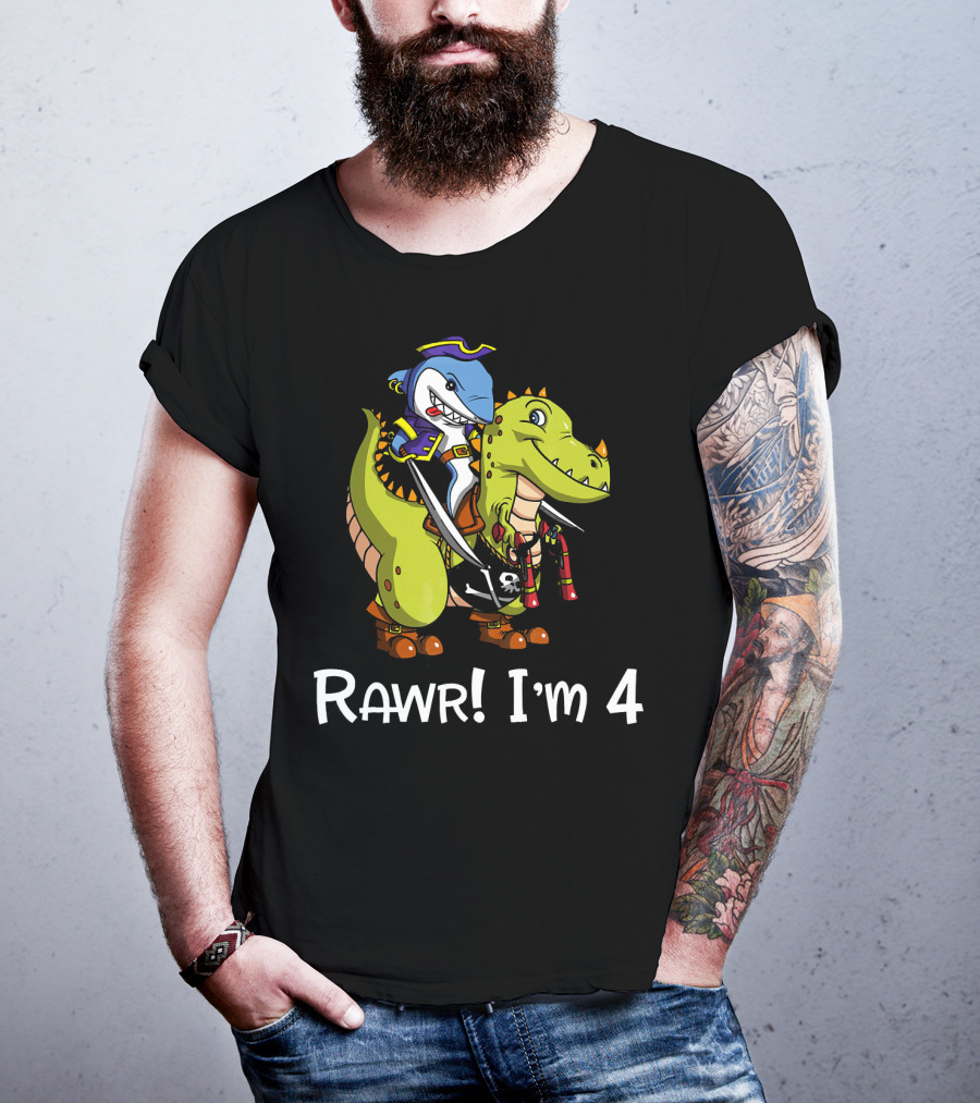 Rawr Dinosaur Shark Pirate Birthday Party I'm 4 T-Shirt