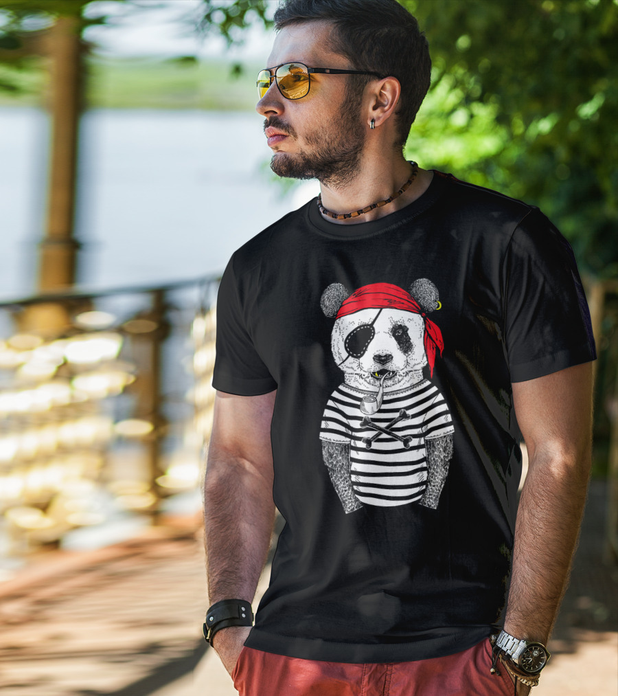 Panda Bear Pirate Wearing Striped Shirt With Red Bandana And Eye Patch T-Shirt