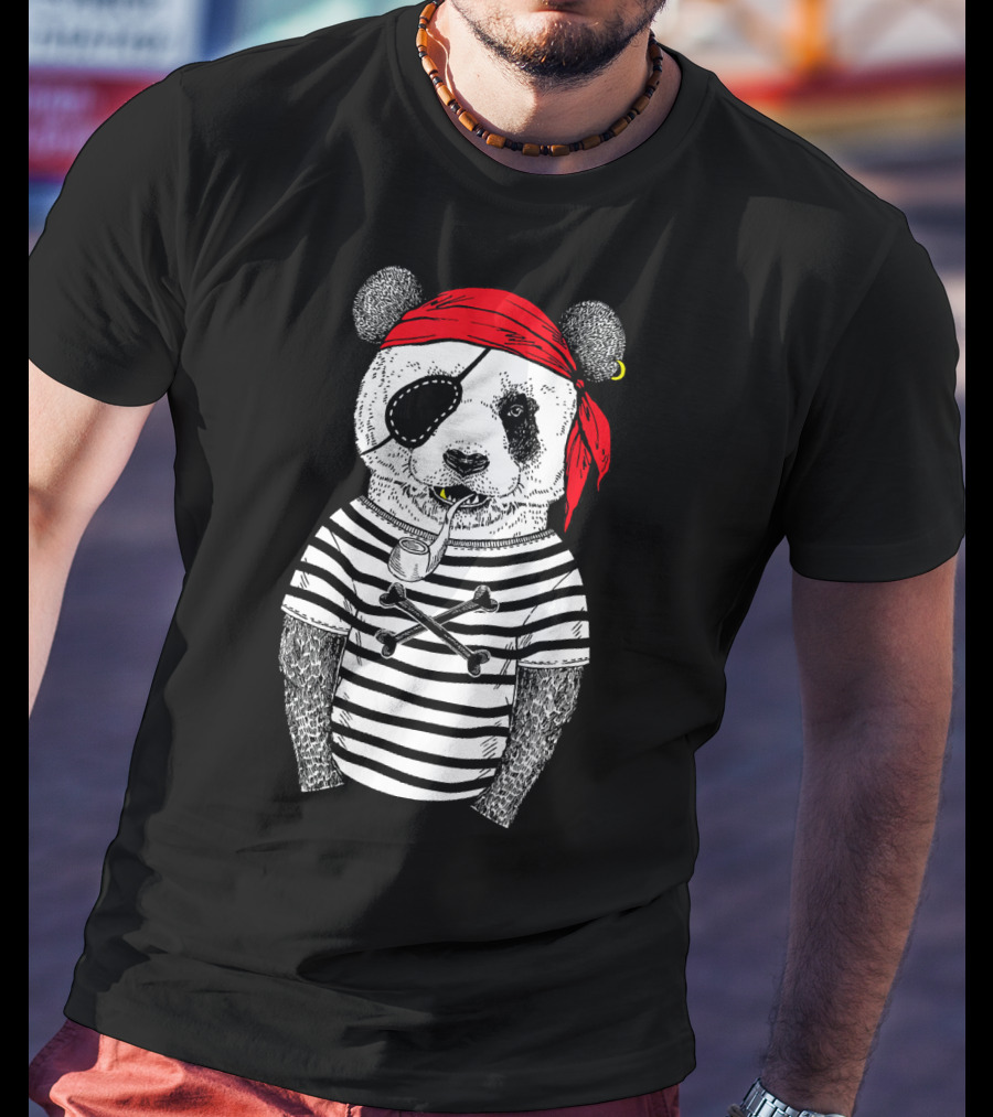 Panda Bear Pirate Wearing Striped Shirt With Red Bandana And Eye Patch T-Shirt