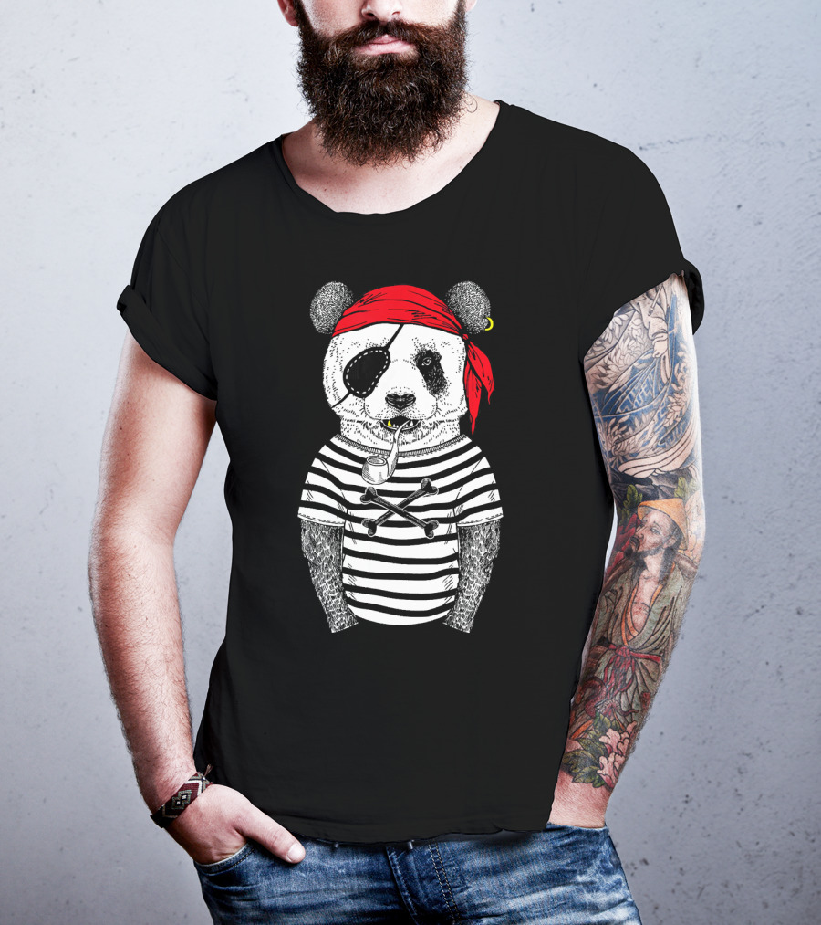 Panda Bear Pirate Wearing Striped Shirt With Red Bandana And Eye Patch T-Shirt