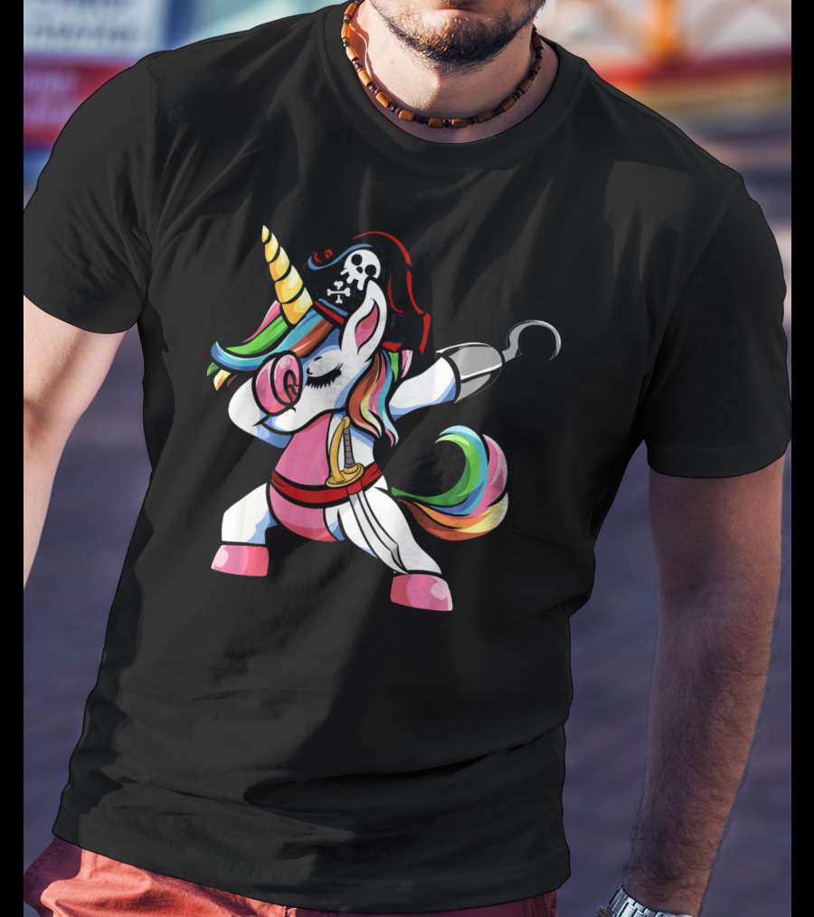 Halloween Dabbing Pirate Unicorn With Rainbow Mane And Hook T-Shirt