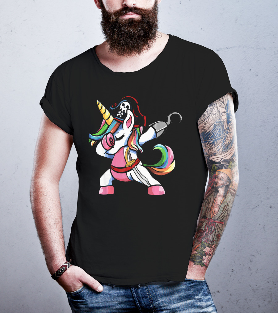 Halloween Dabbing Pirate Unicorn With Rainbow Mane And Hook T-Shirt