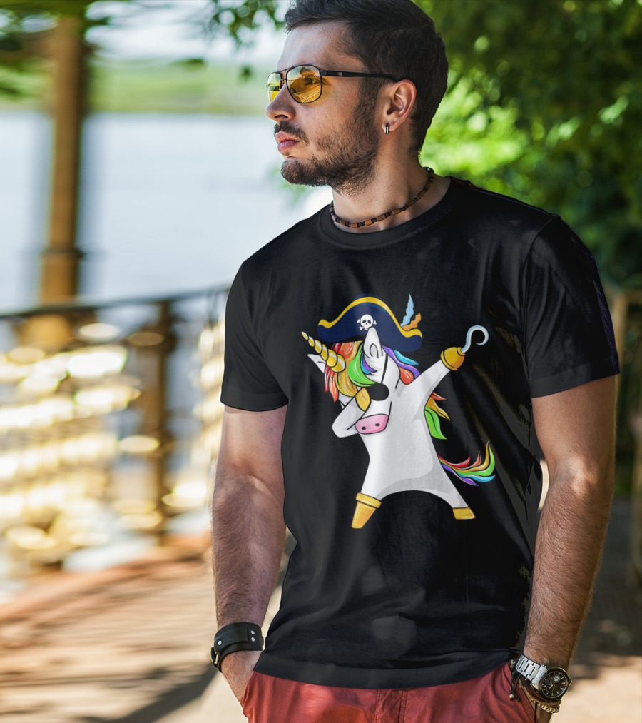Funny Dabbing Unicorn Pirate With Rainbow Hair And Skull Hat T-Shirt