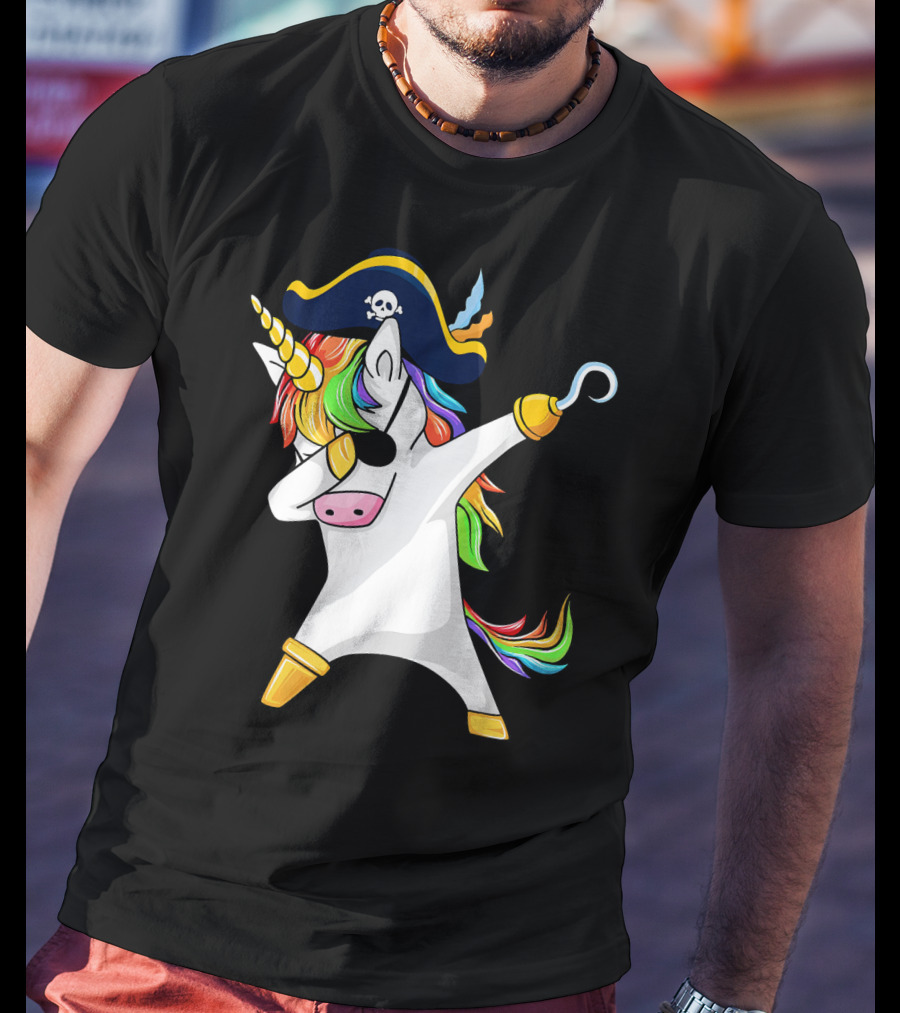 Funny Dabbing Unicorn Pirate With Rainbow Hair And Skull Hat T-Shirt