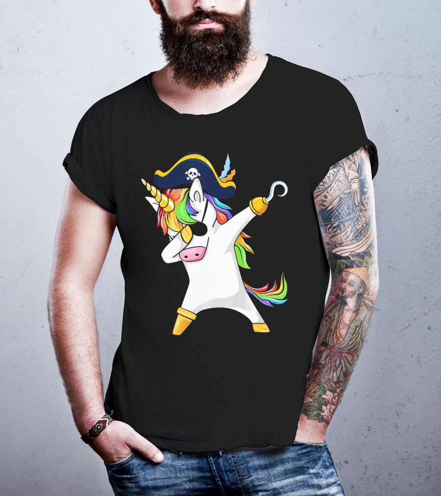 Funny Dabbing Unicorn Pirate With Rainbow Hair And Skull Hat T-Shirt