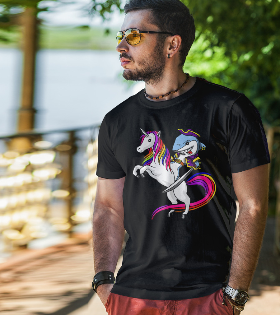 Shark Pirate Riding Rainbow Unicorn Magical Adventure T-Shirt