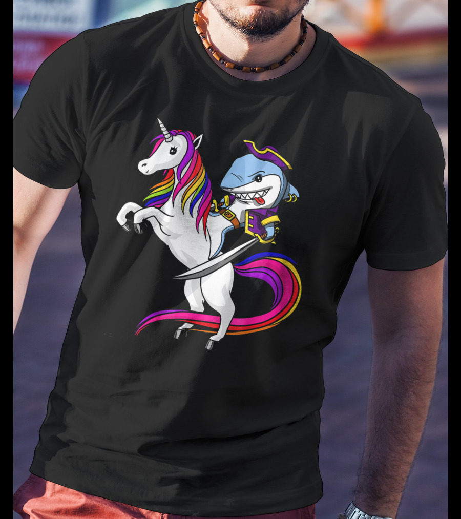 Shark Pirate Riding Rainbow Unicorn Magical Adventure T-Shirt