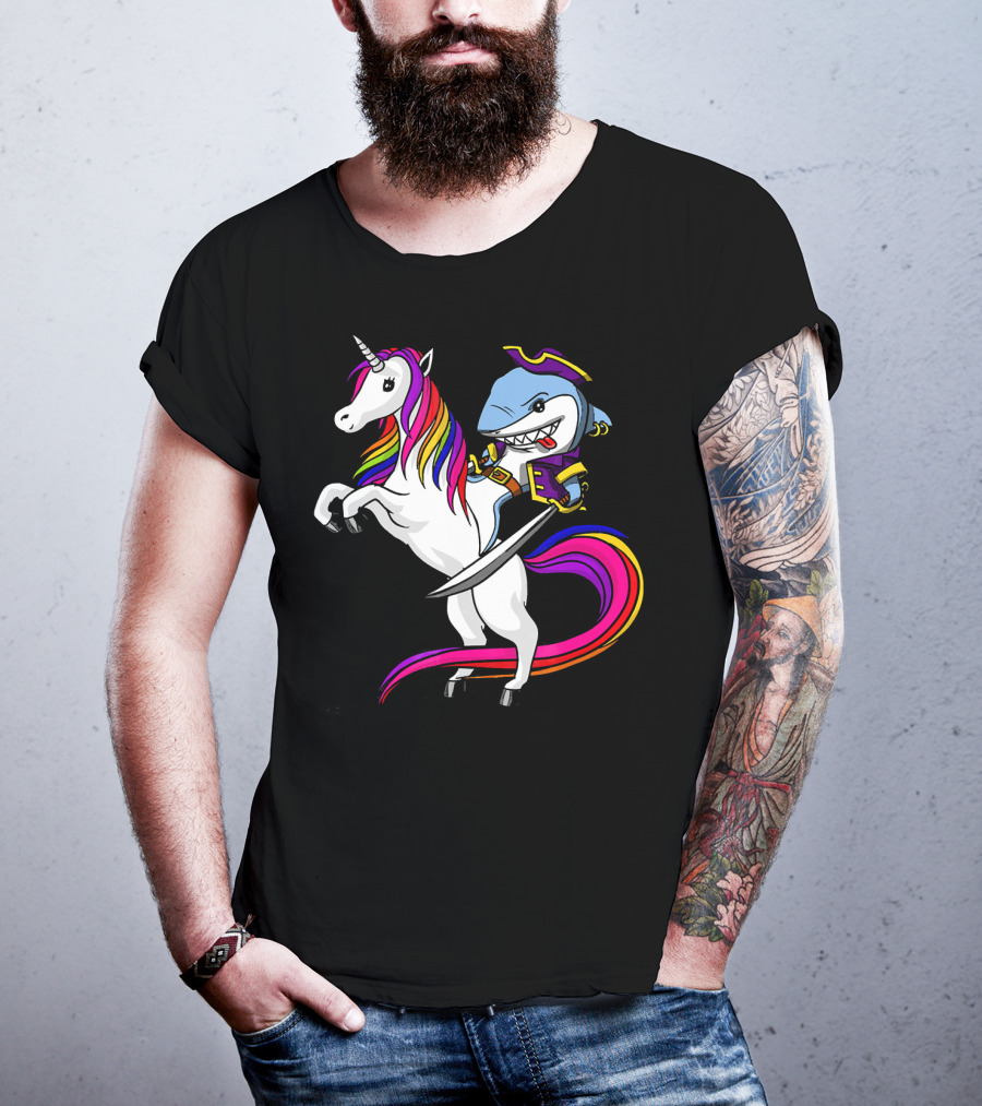Shark Pirate Riding Rainbow Unicorn Magical Adventure T-Shirt