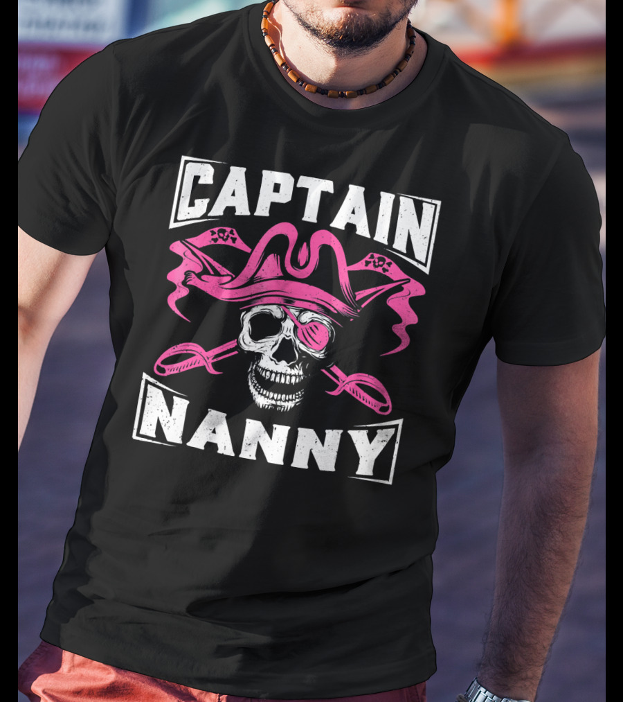 Captain Nanny Skull Pink Pirate Hat Crossed Swords T-Shirt