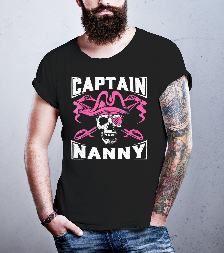 Captain Nanny Skull Pink Pirate Hat Crossed Swords T-Shirt