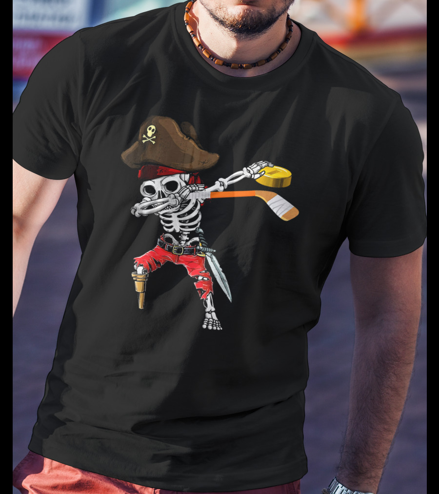 Dabbing Skeleton Jolly Roger Pirate Hockey Stick Ice T-Shirt