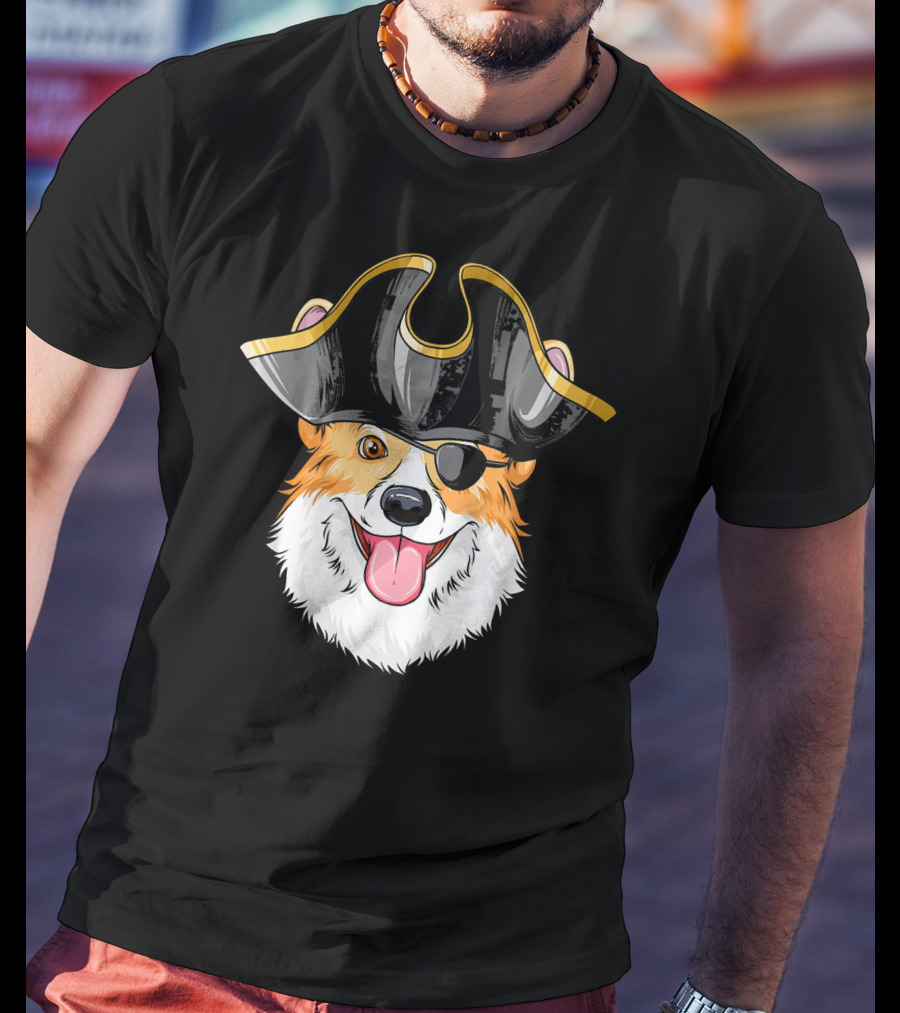 Pirate Corgi Wearing Black Tricorn Hat And Eye Patch T-Shirt