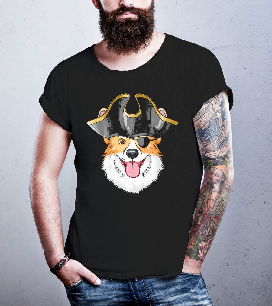 Pirate Corgi Wearing Black Tricorn Hat And Eye Patch T-Shirt