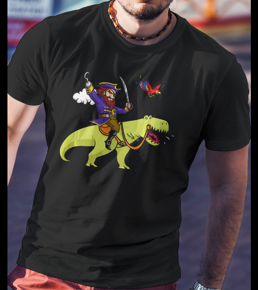 Pirate Sailor Rides T-Rex Dinosaur With Parrot T-Shirt