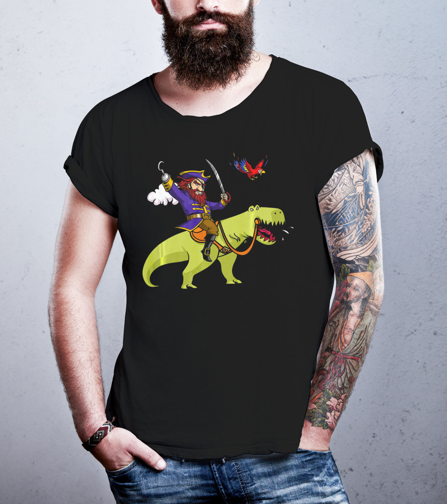 Pirate Sailor Rides T-Rex Dinosaur With Parrot T-Shirt