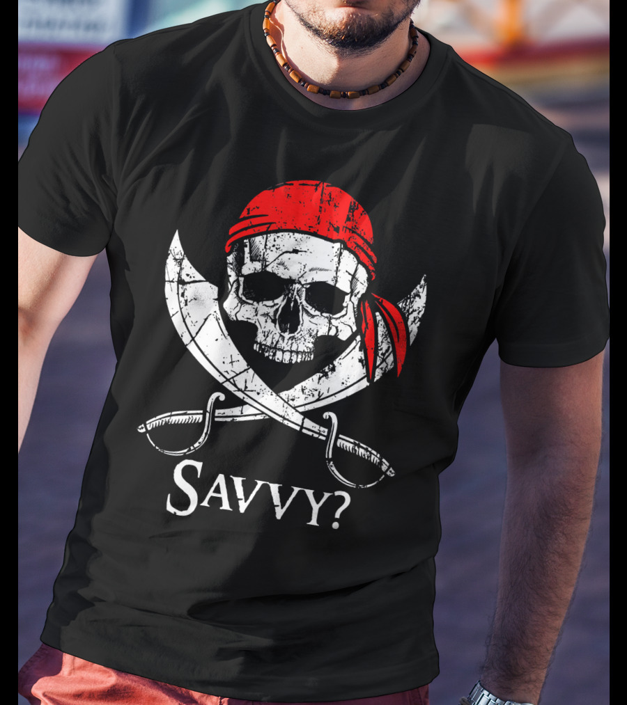 Savvy Pirate Skull And Crossbones With Red Bandana And Swords T-Shirt