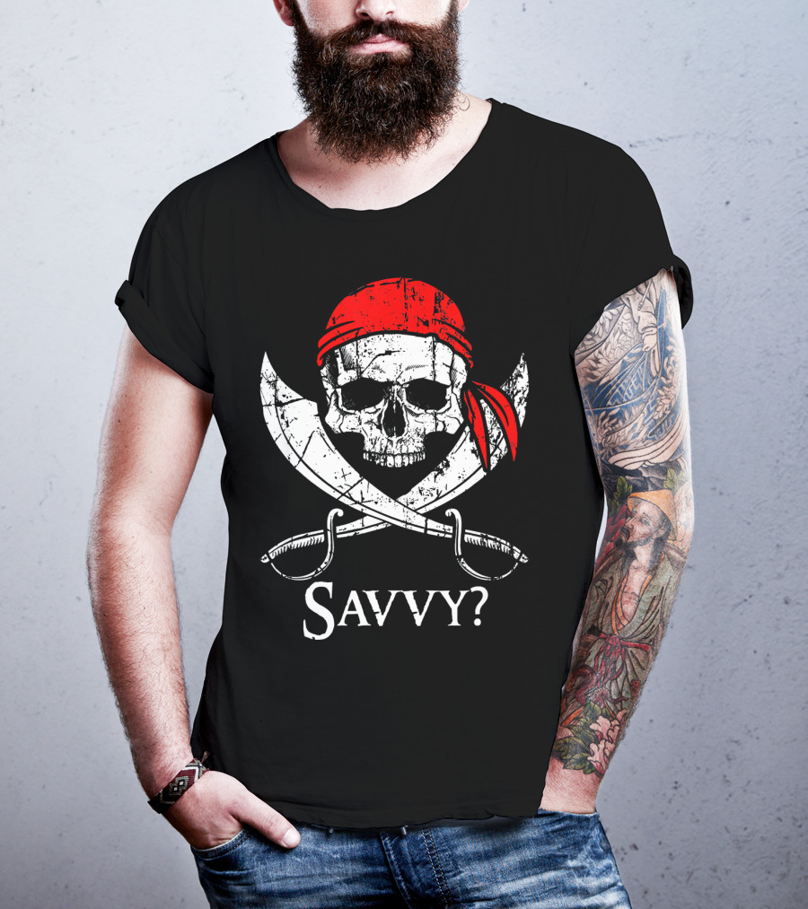 Savvy Pirate Skull And Crossbones With Red Bandana And Swords T-Shirt