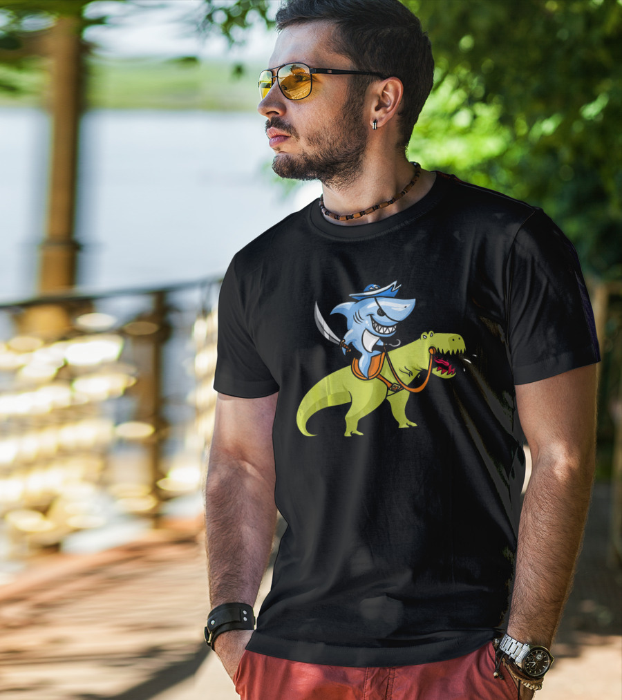 Shark Pirate Riding T-Rex Dinosaur Fun Adventure T-Shirt