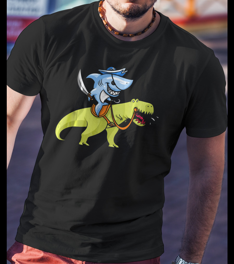 Shark Pirate Riding T-Rex Dinosaur Fun Adventure T-Shirt