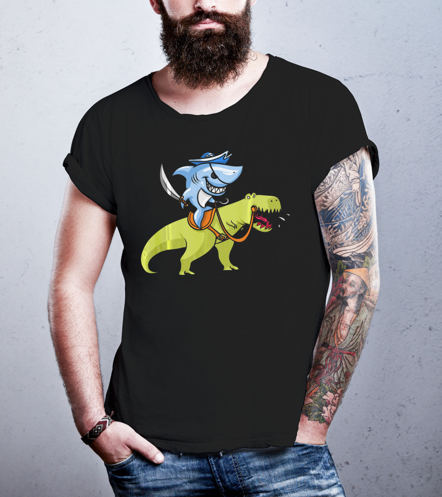 Shark Pirate Riding T-Rex Dinosaur Fun Adventure T-Shirt