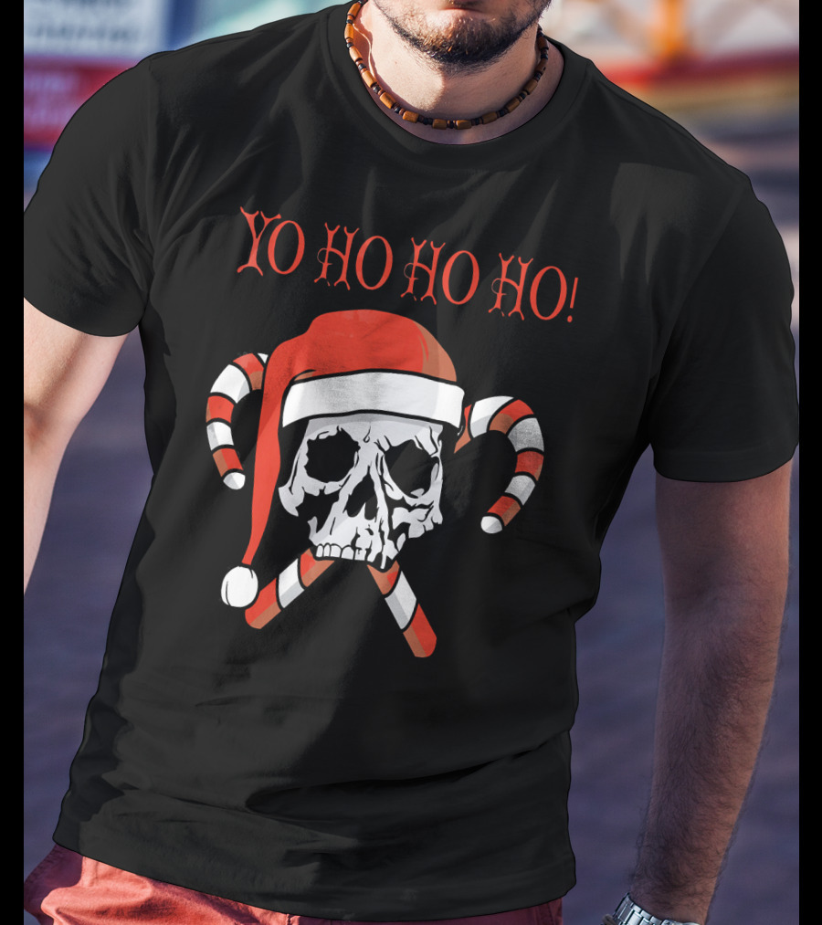 Yo Ho Ho Ho Christmas Pirate Santa Skull With Candy Canes T-Shirt