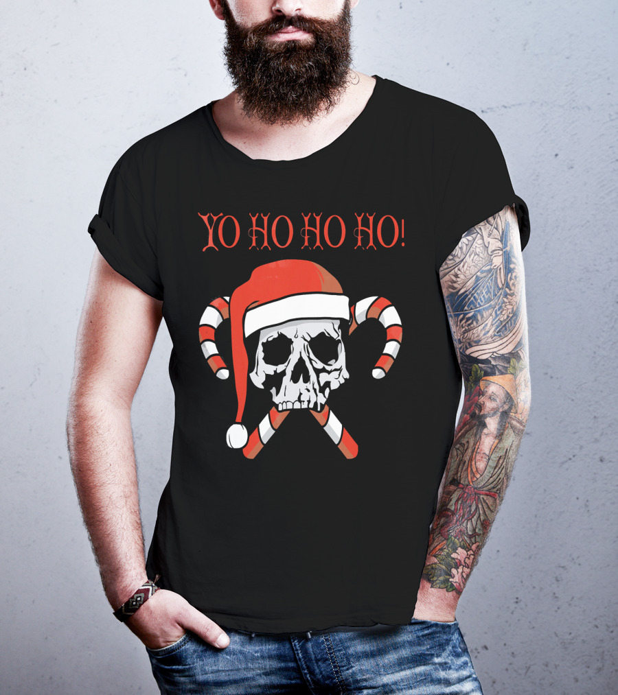 Yo Ho Ho Ho Christmas Pirate Santa Skull With Candy Canes T-Shirt