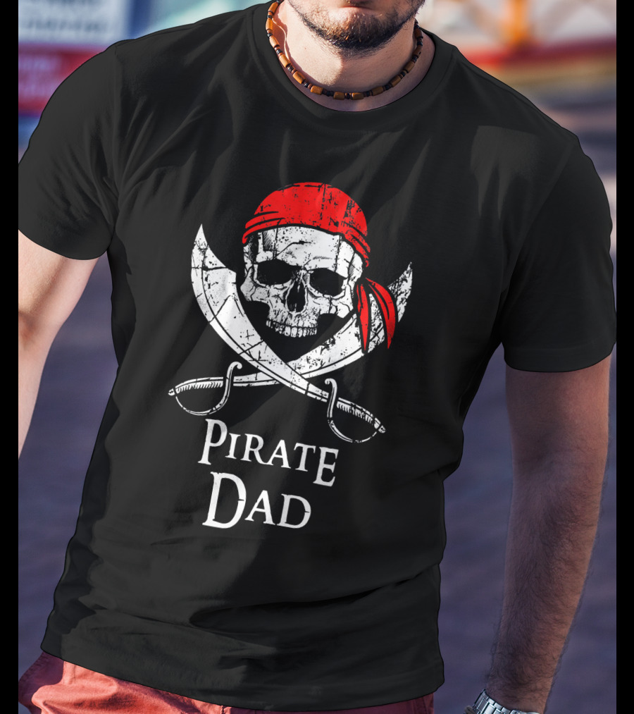 Pirate Dad Skull With Red Bandana And Crossed Swords T-Shirt
