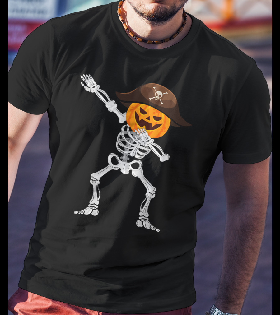 Skeleton Dabbing Pirate Pumpkin Halloween T-Shirt