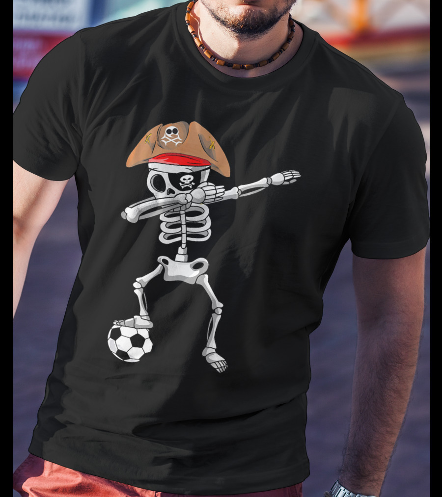 Skull Soccer Pirate Skeleton Dabbing With Eye Patch And Hat T-Shirt