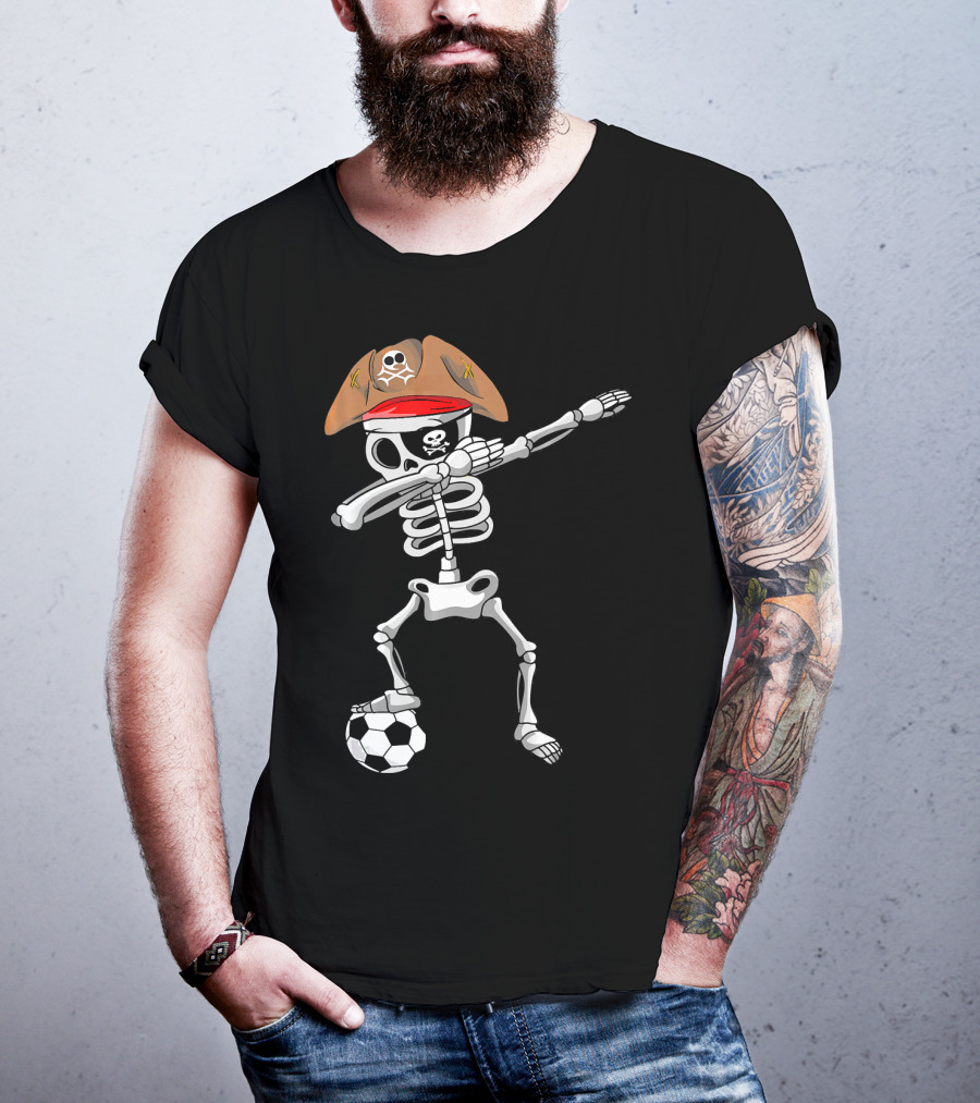 Skull Soccer Pirate Skeleton Dabbing With Eye Patch And Hat T-Shirt